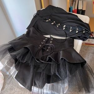 TWO FOR ONE! Black lace up/tulle micro mini and lace up leggings